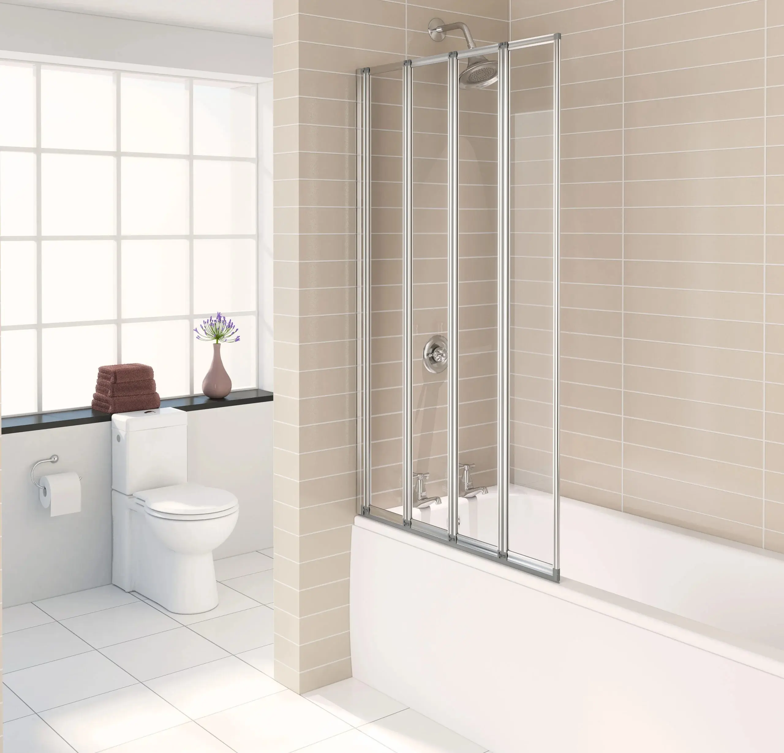 Aqualux 4 Fold Bath 844 x 1400mm Polished Silver 3mm Bath Shower Screen