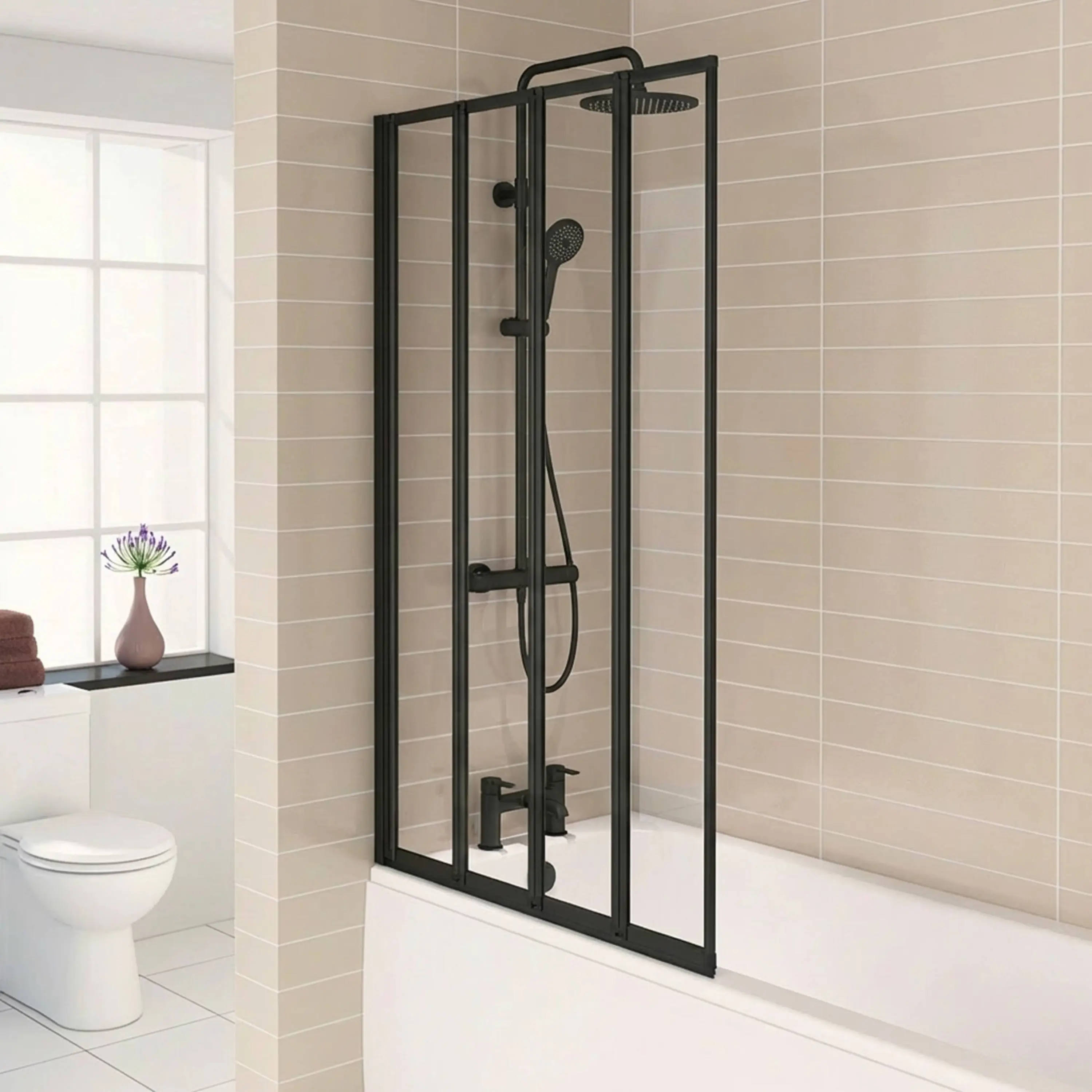 Aqualux 4 Fold Bath 844 x 1400mm Black 3mm Bath Shower Screen