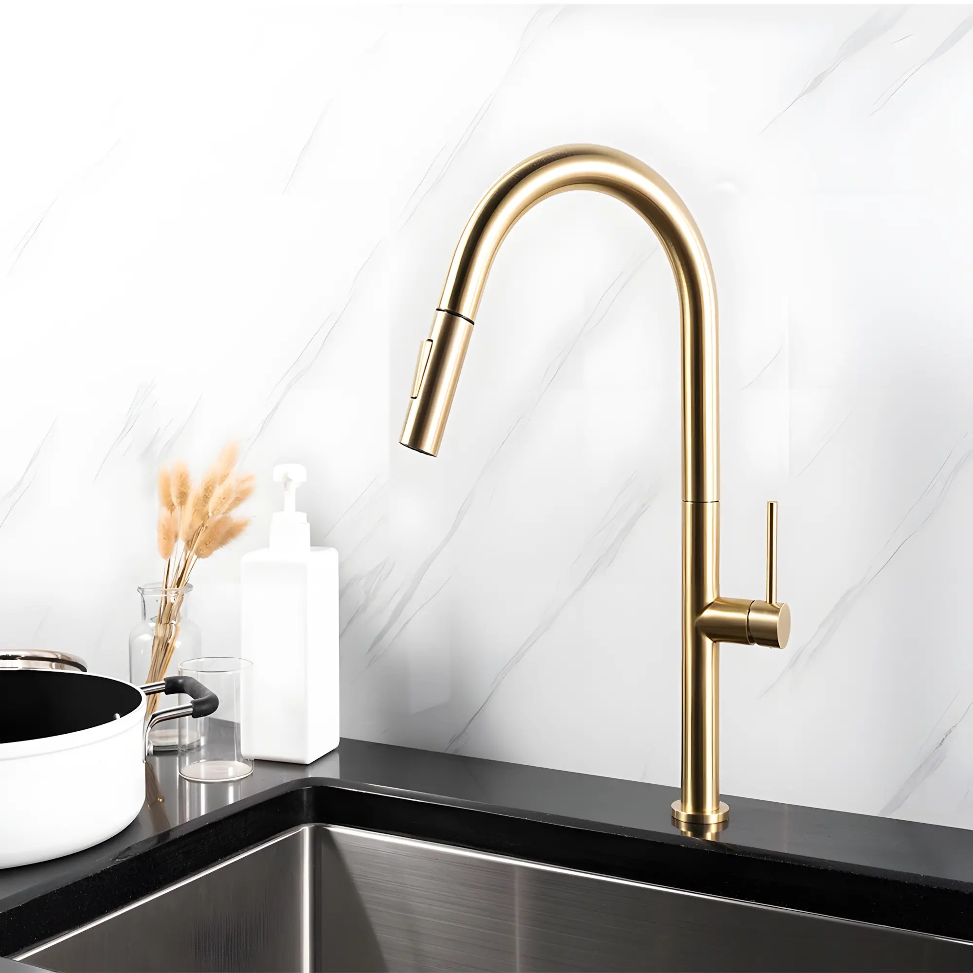 Grace Single Lever Kitchen Mixer Brushed Gold Chrome Plated