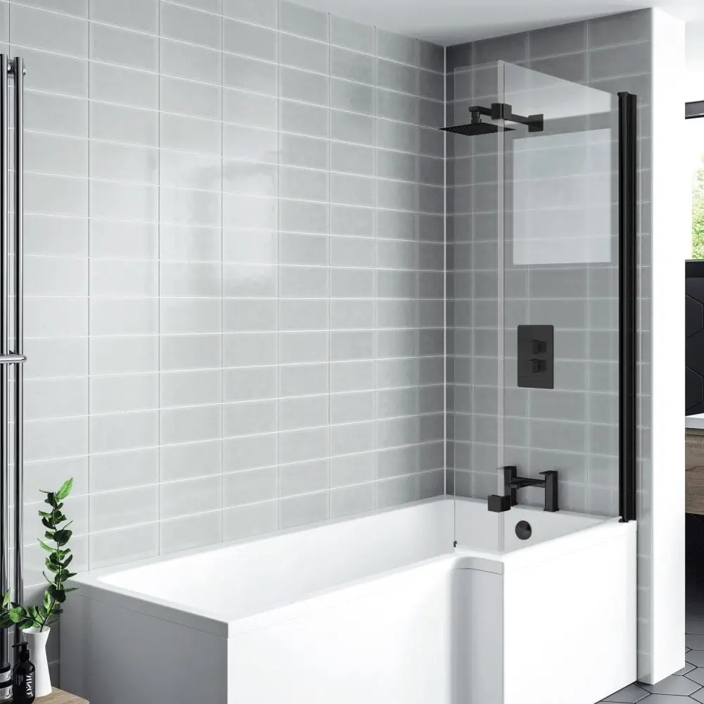 Nero L Shaped 1000 x 1400mm Black Matt 6mm Bath Shower Screen With Extension panel
