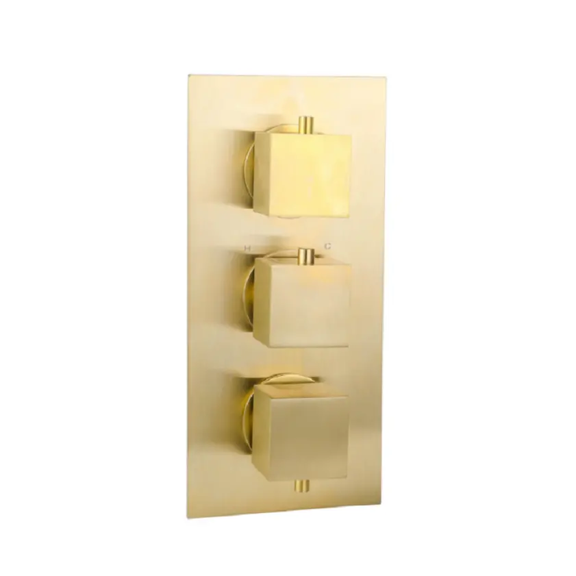 Messina Thermostatic Concealed Shower Mixer Three Knobs Two Outlet Square Brushed Gold