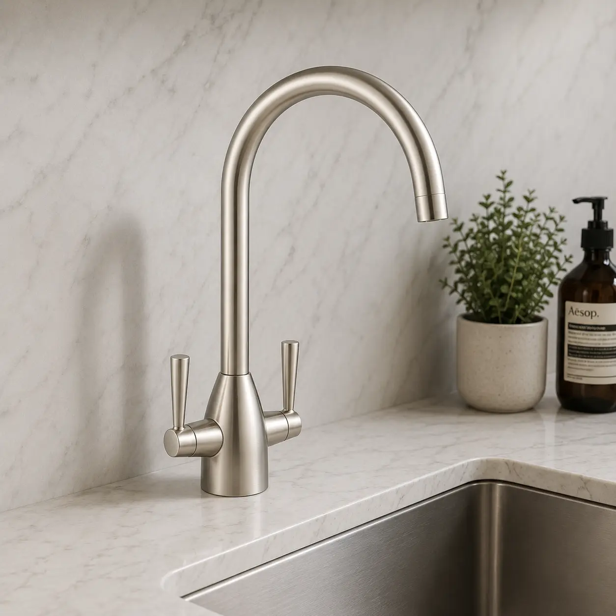 Style Two Lever Kitchen Mixer Tap Satin Finish