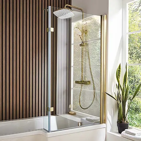 Ottone L-shaped 820 x 1400mm Brushed Brass 6mm Bath Shower Screen With Extension panel